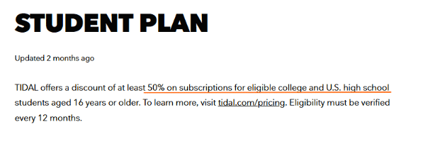 Tidal student discount plan