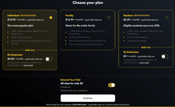 Tidal subscription plans