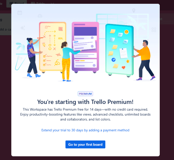 Trello 14-day free trial pop-up