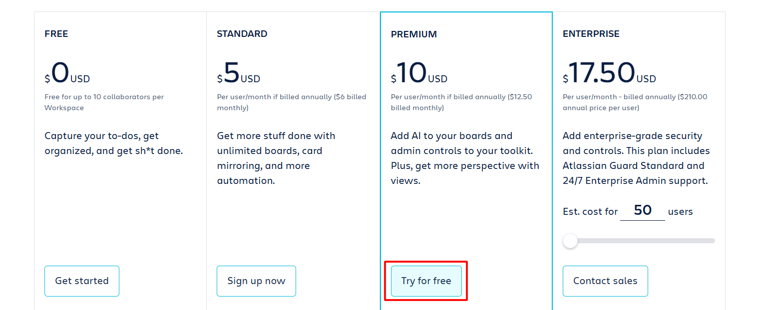 Trello pricing page
