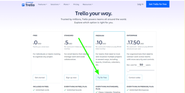 Trello pricing page