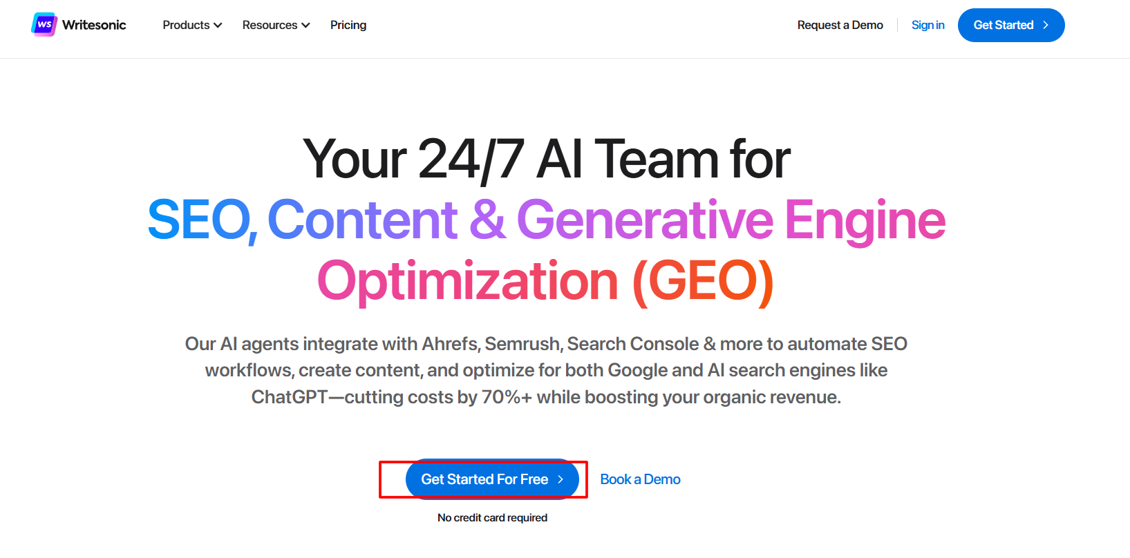 Writesonic Website & Click On Get Started For Free