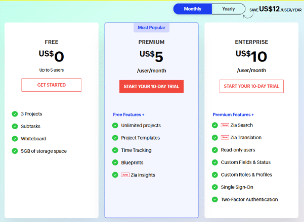 Zoho Project Monthly pricing plan