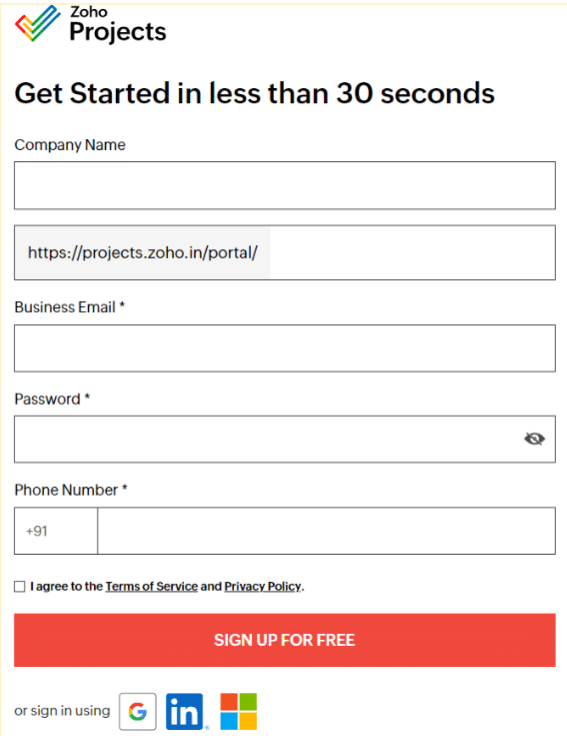Zoho sign up page