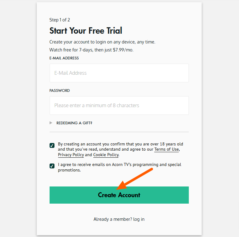 Acorn TV Sign Up Page