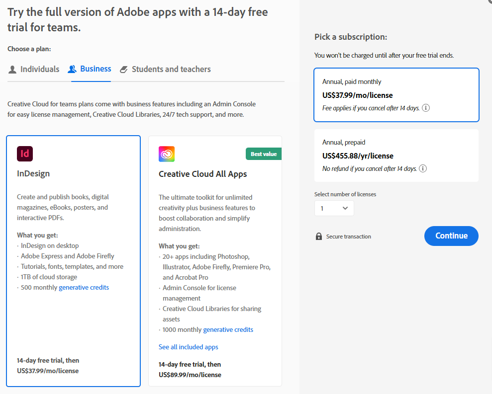 Adobe InDesign Business Pricing Plans