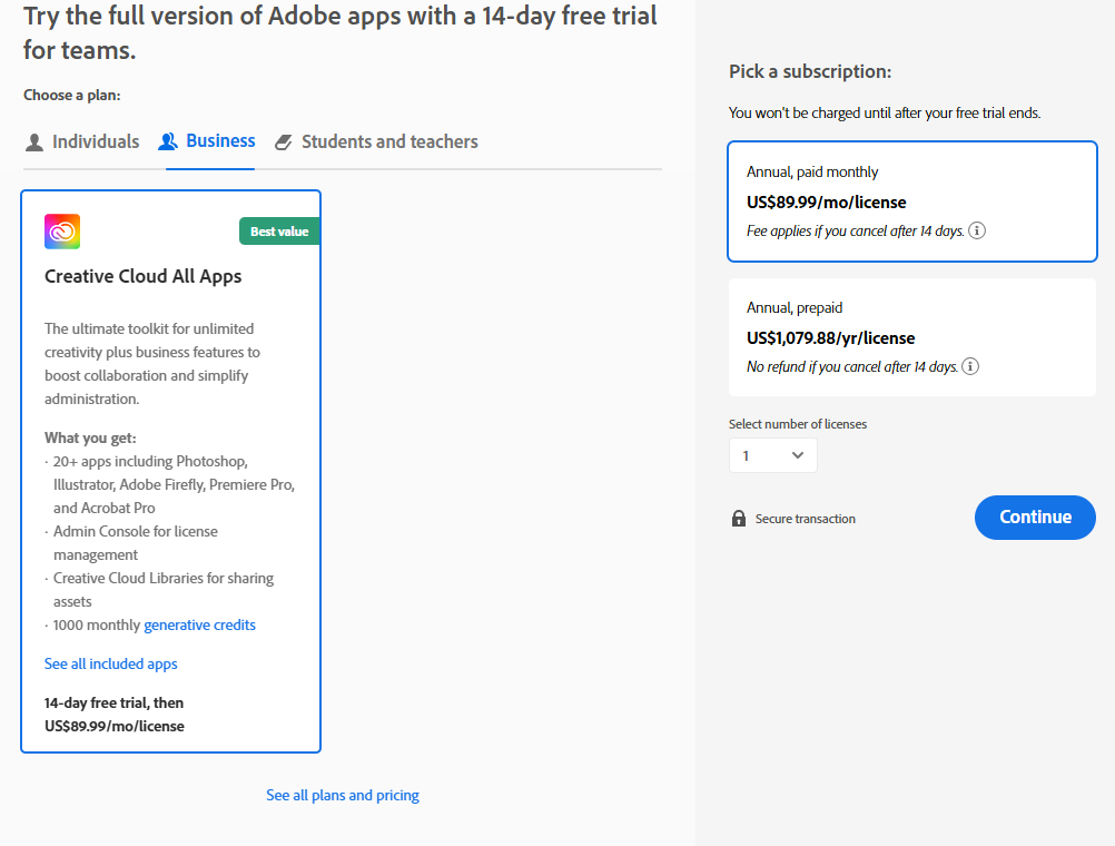 Adobe xd free trial page