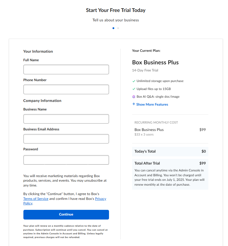 Box sign up page