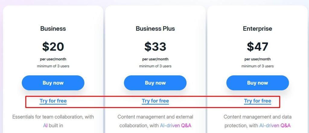 Box Business pricing plans