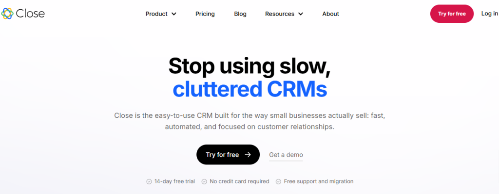 Close CRM homepage