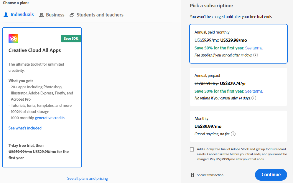 Creative cloud all apps pricing plans