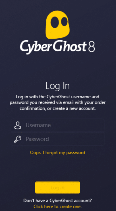 CyberGhost Log in page