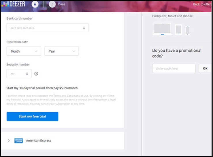 Deezer checkout page