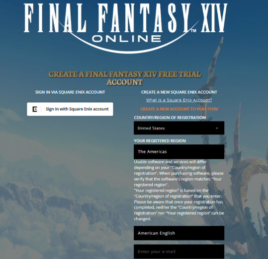 FF14 Account creation page