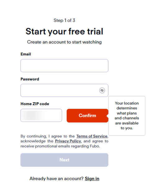 Fubo TV sign up page