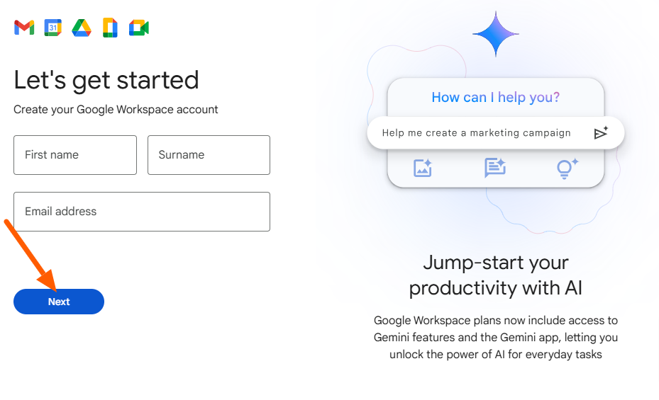 Google Workspace Sign Up Page