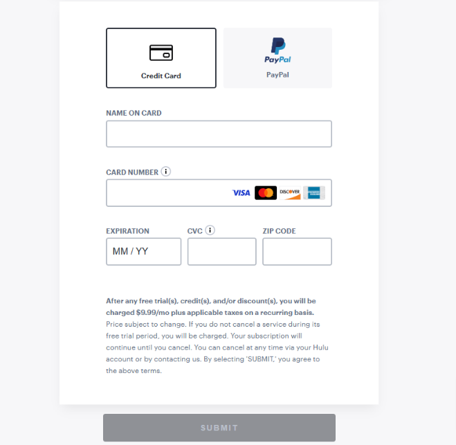 Hulu credit card page