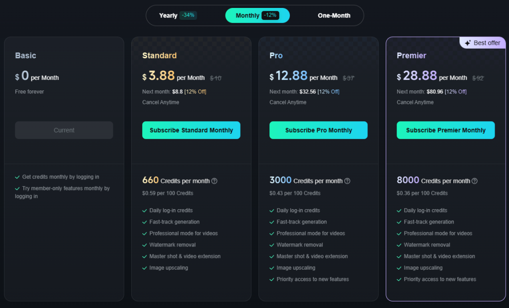 KLING AI Pricing Plans