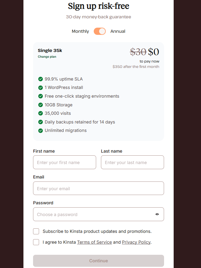 Kinsta sign up page