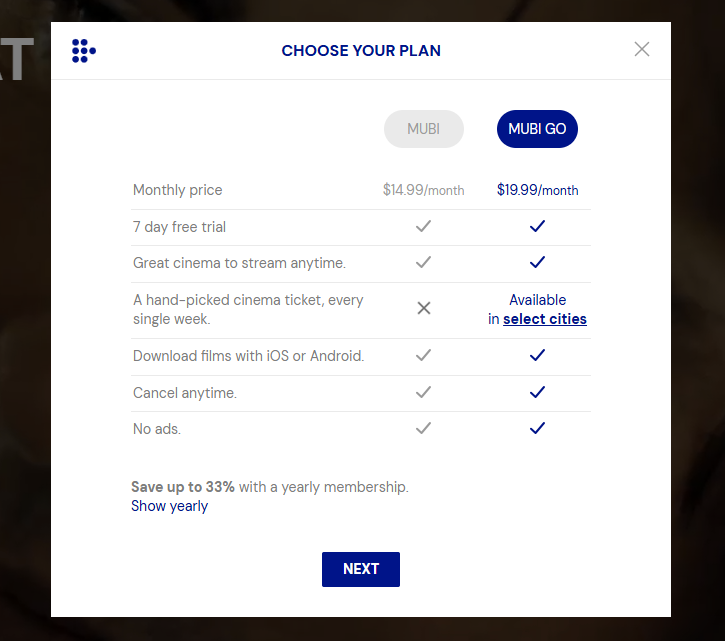 MUBI Pricing plans