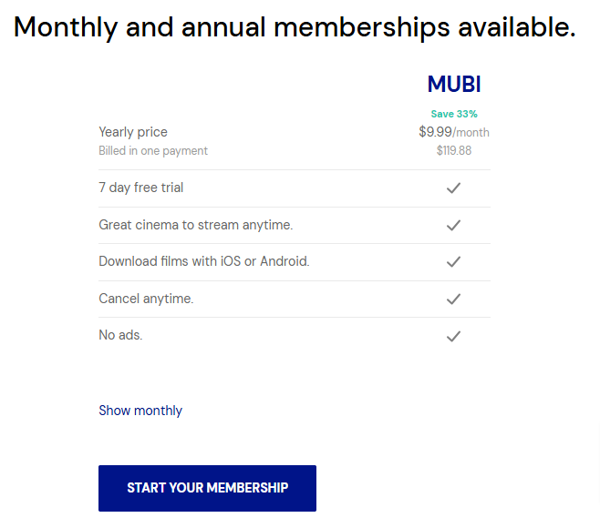 MUBI Yearly Pricing Plan