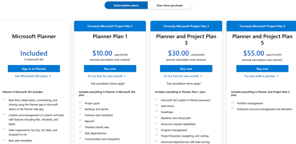 Microsoft Project subscription plans