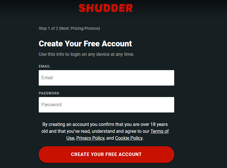 SHUDDER Sign Up Page