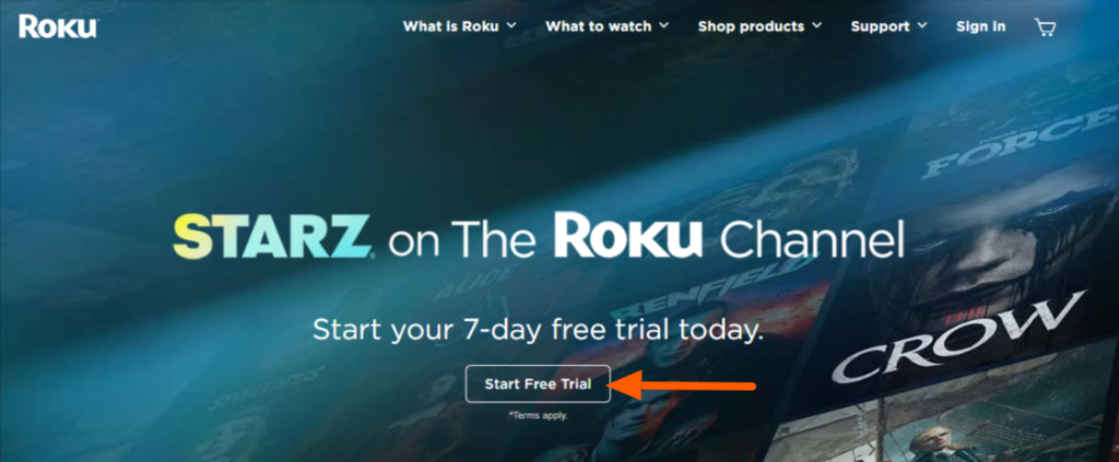 STARZ Roku free trial page