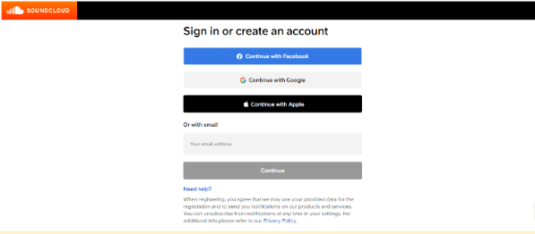 Soundcloud sign up page