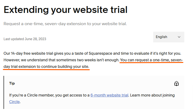 Squarespace free trial extension page