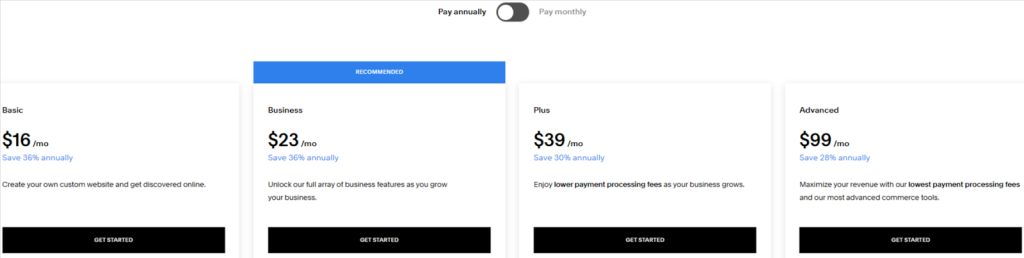 Squarespace pricing page