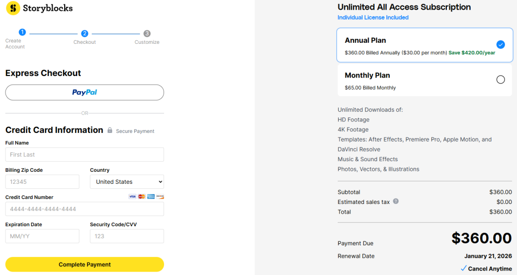 Storyblocks Checkout Page