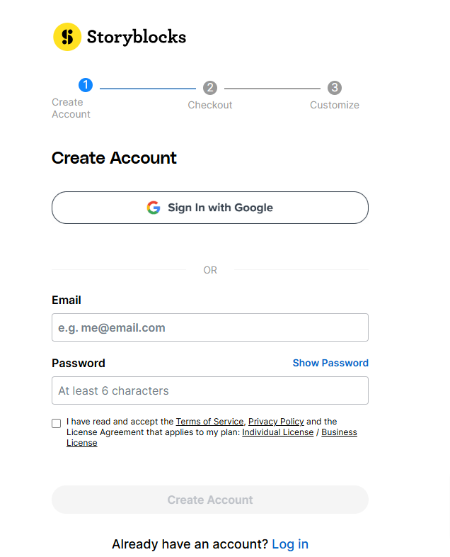 Storyblocks create account page