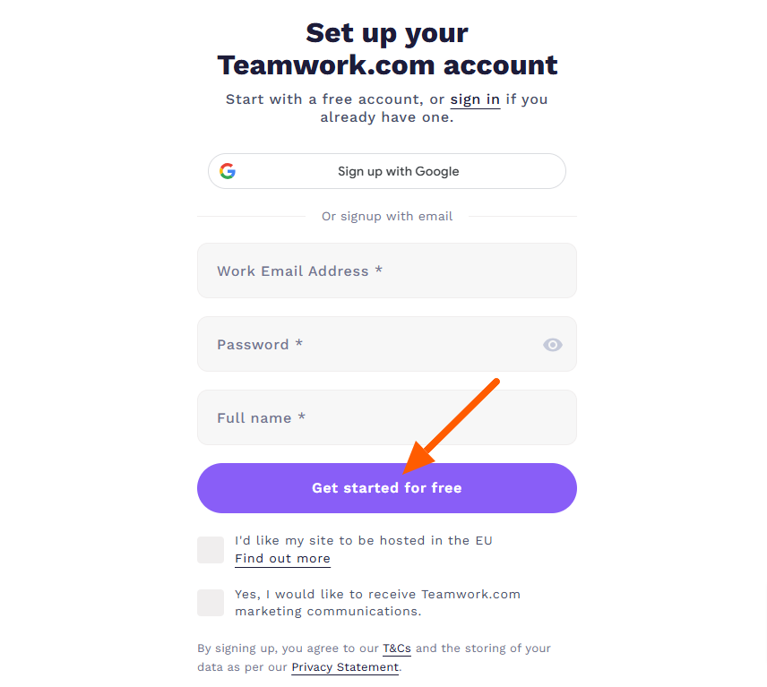 Teamwork Sign Up Page