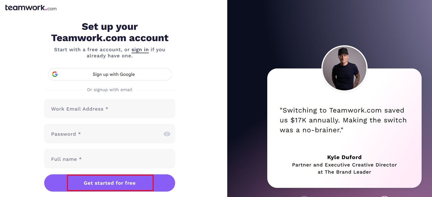 Teamwork Sign Up Page