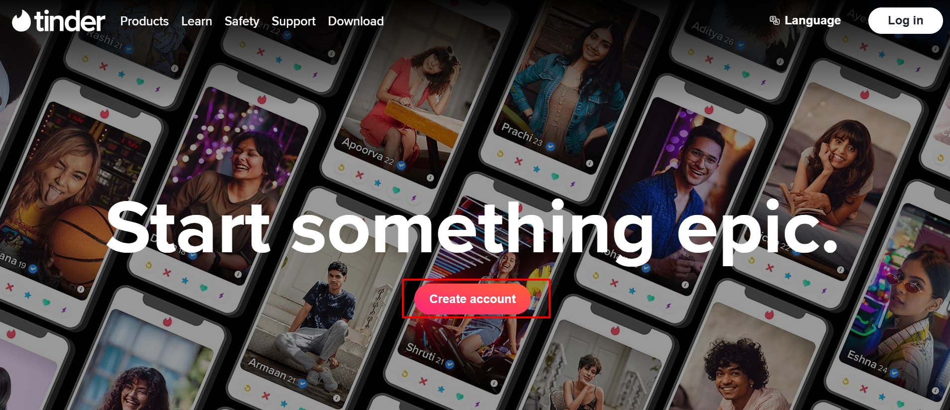 Tinder homepage