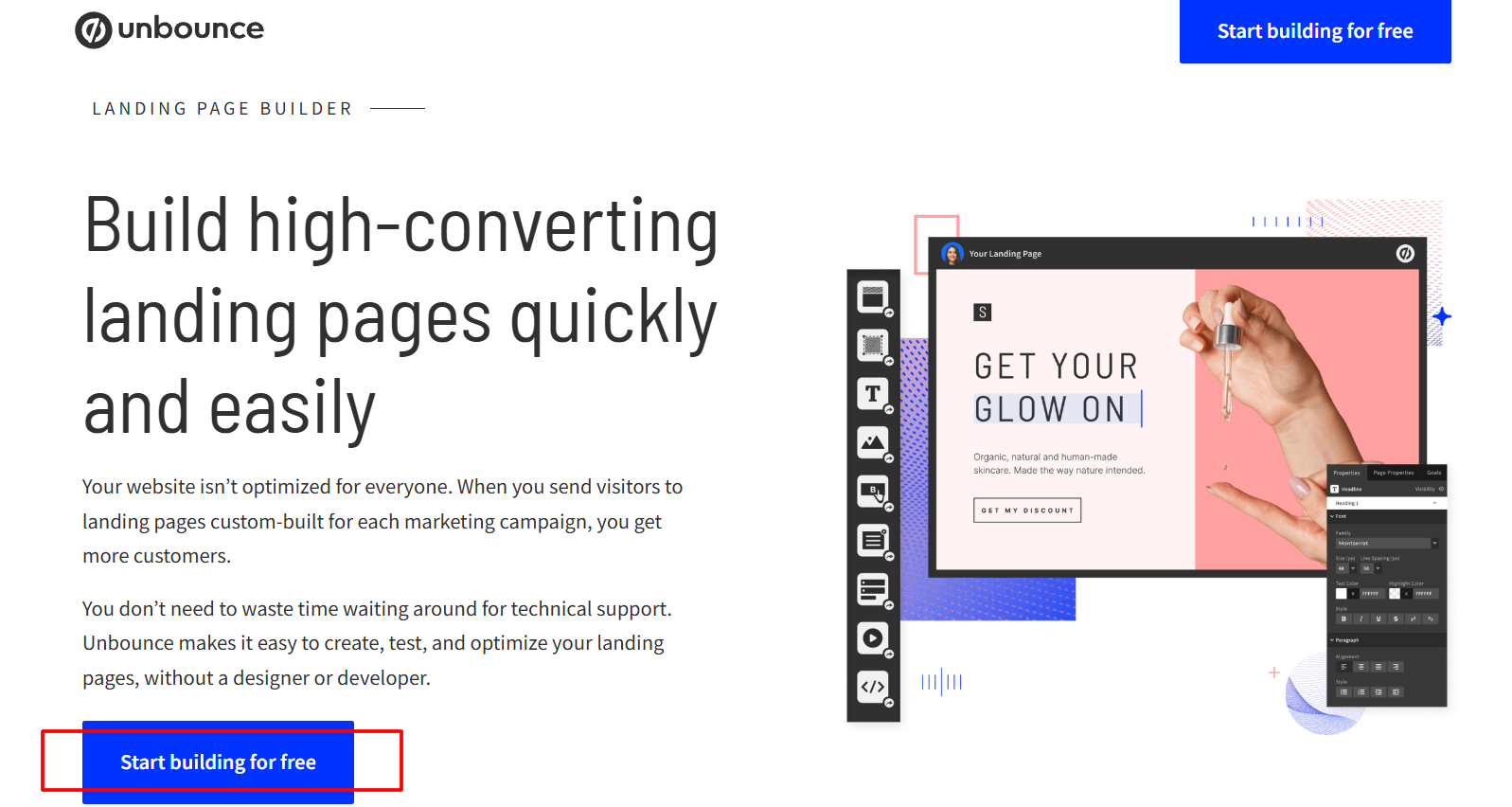 Unbounce Website & Click Start Building For Free