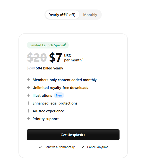 Unsplash Plus annual pricing page