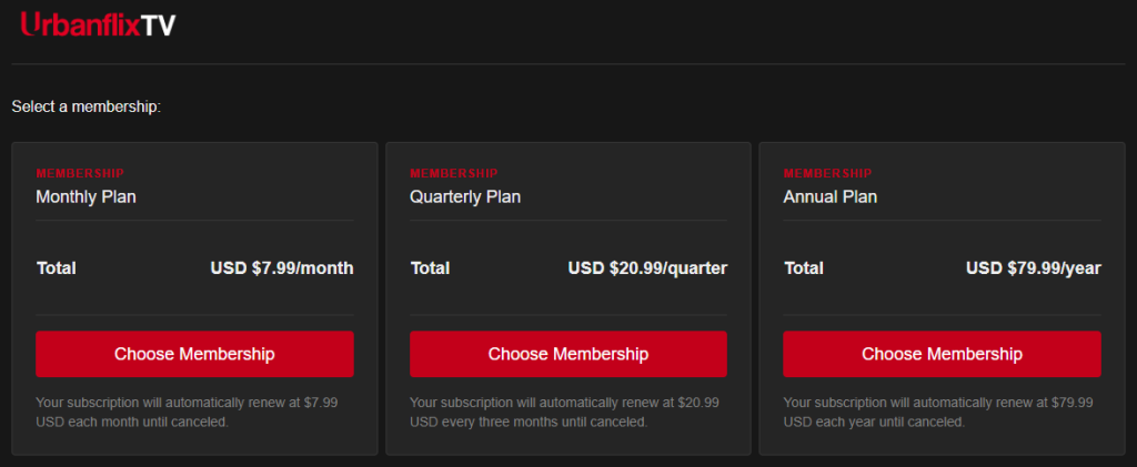 Urbanflix TV Pricing Plans