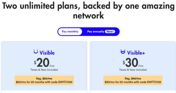 Visible pricing plans