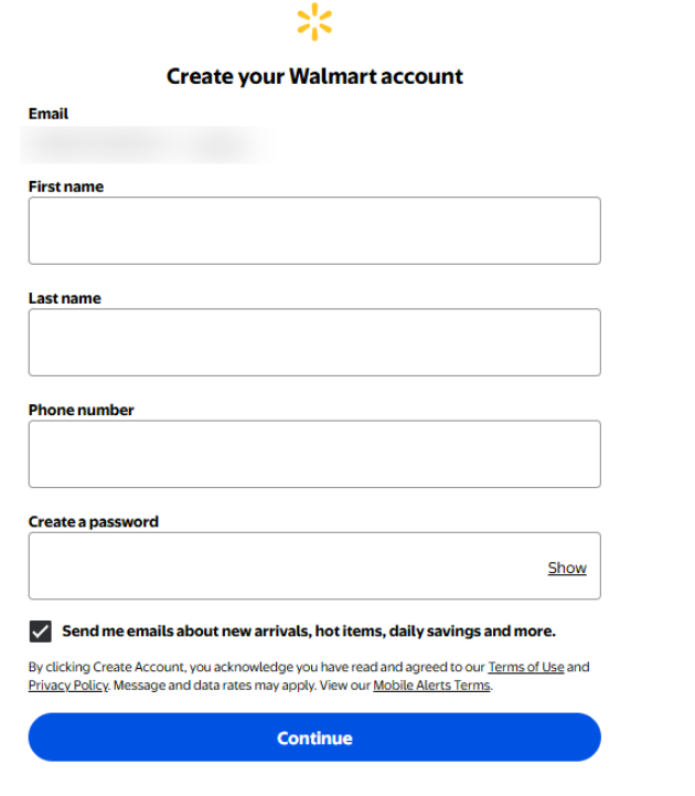 Walmart account creation page