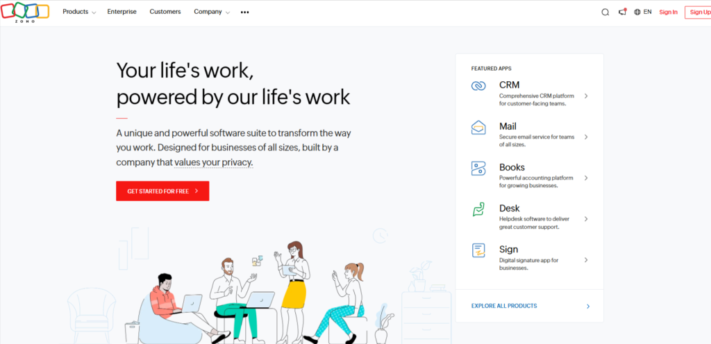 Zoho Cloud Software homepage