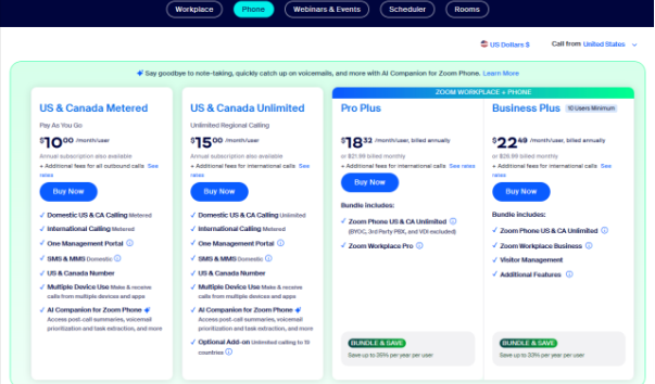 Zoom pricing plans with core features