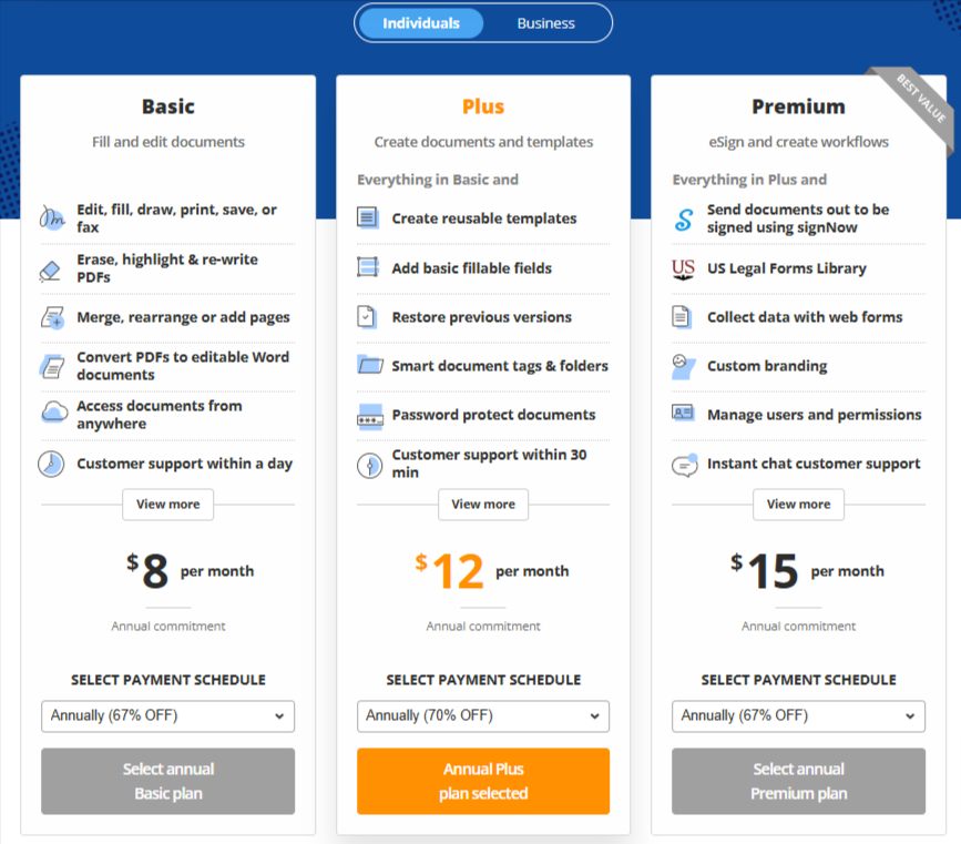 pdfFiller pricing plans