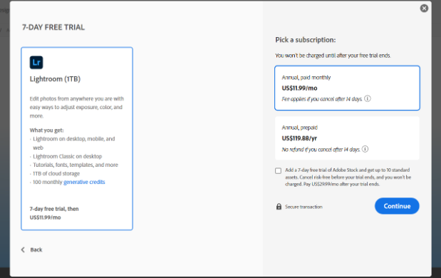 Adobe Lightroom annual and monthly plan