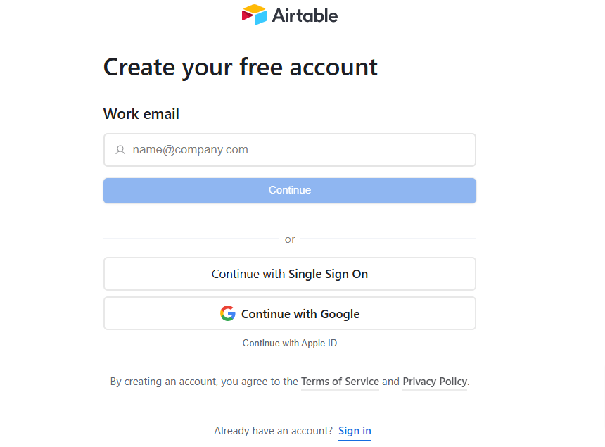 Airtable Sign Up Page