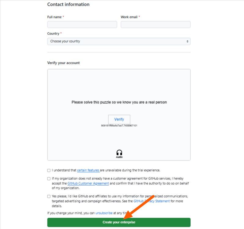 GitHub Enterprise Account Setup page