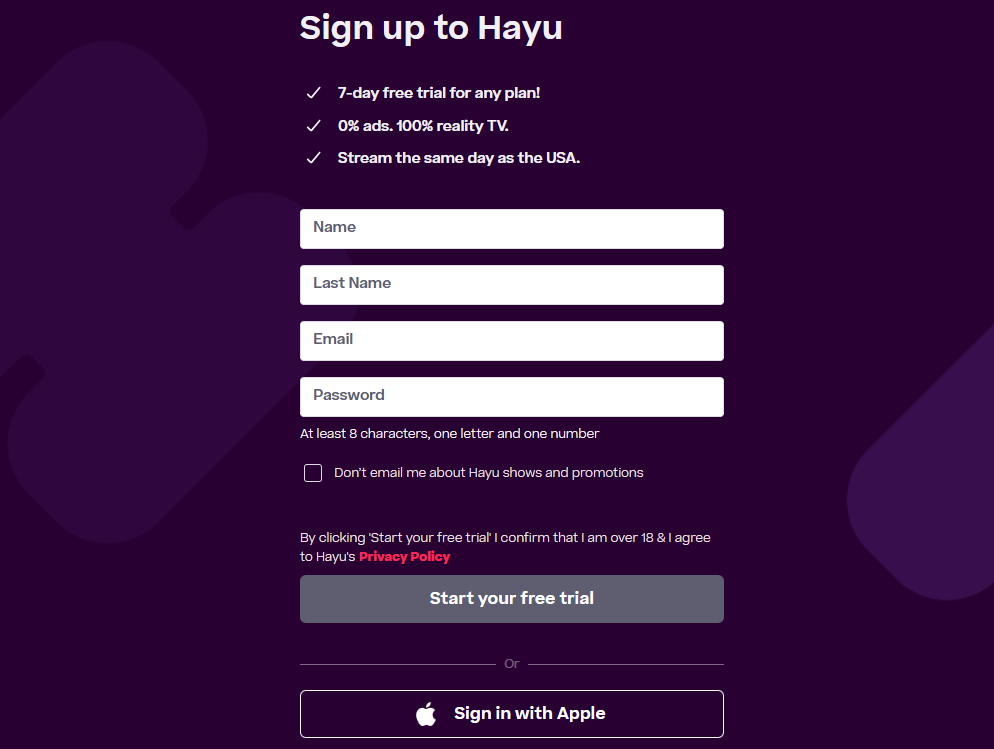 Hayu Sign Up Page