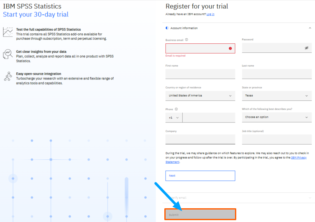 IBM SPSS Statistics Sign Up Page