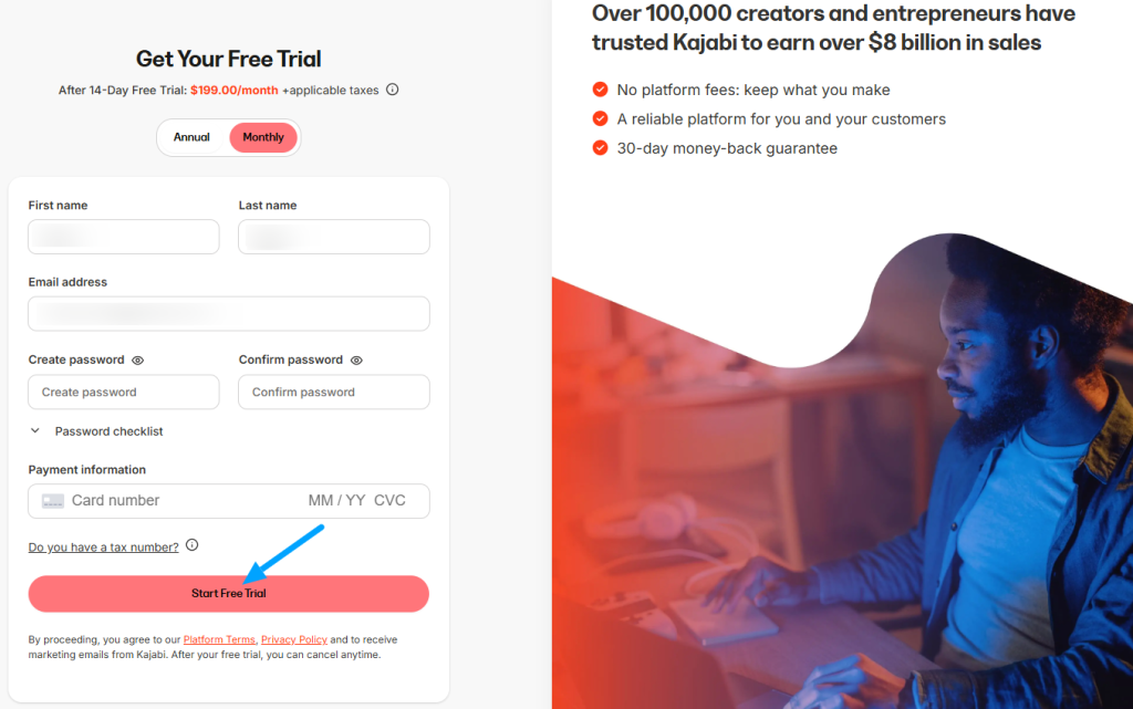 Kajabi free trial checkout page